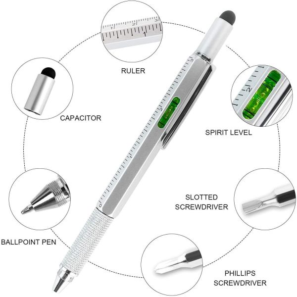 7 in 1 Multifunctional Full Metal Touch Screen Stylus Ballpoint Pen with Level Scale Ruler - Silver