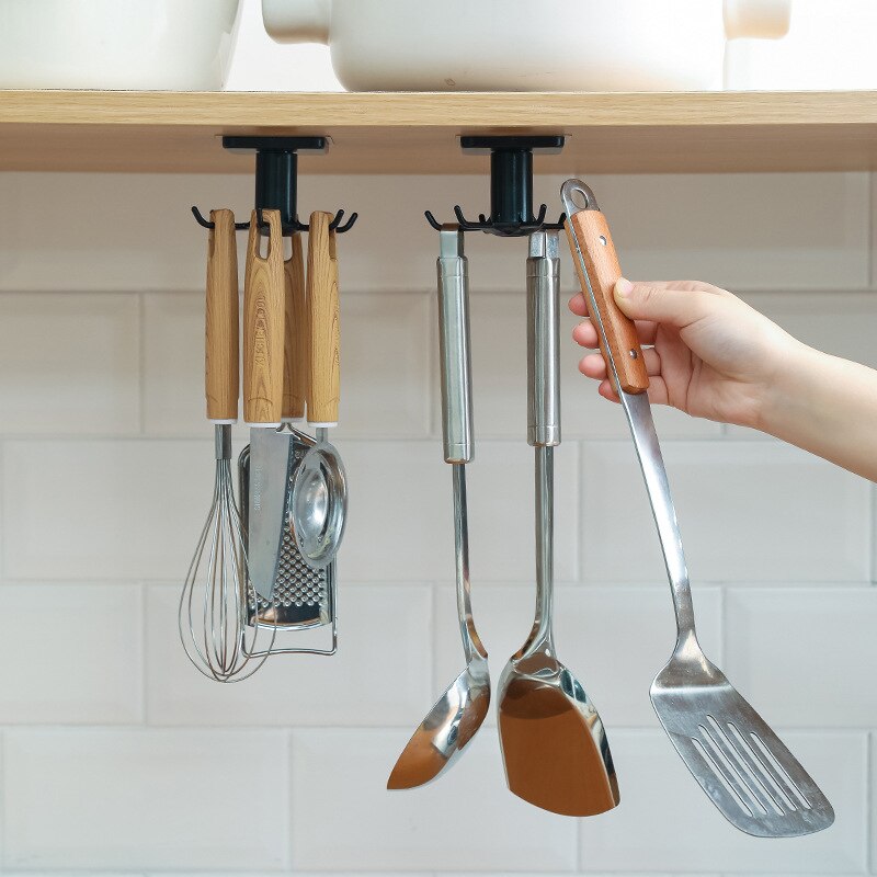 Wall Mounted 360 Degree rotating with six hooks Kitchen and Bathroom Storage Holder Accessories