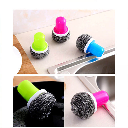 Stainless Steel Wire Ball With Long Handle Dishwashing Brush Cleaning Ball Brush Tool - Multi