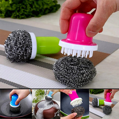 Stainless Steel Wire Ball With Long Handle Dishwashing Brush Cleaning Ball Brush Tool - Multi